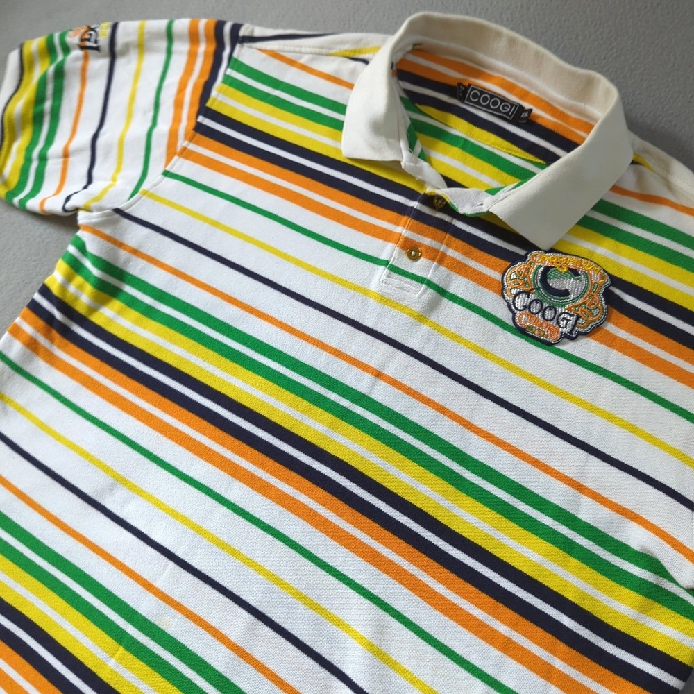 Coogi Polo Shirt Mens XXL White Multi-Color Striped Premium Colors Short Sleeve